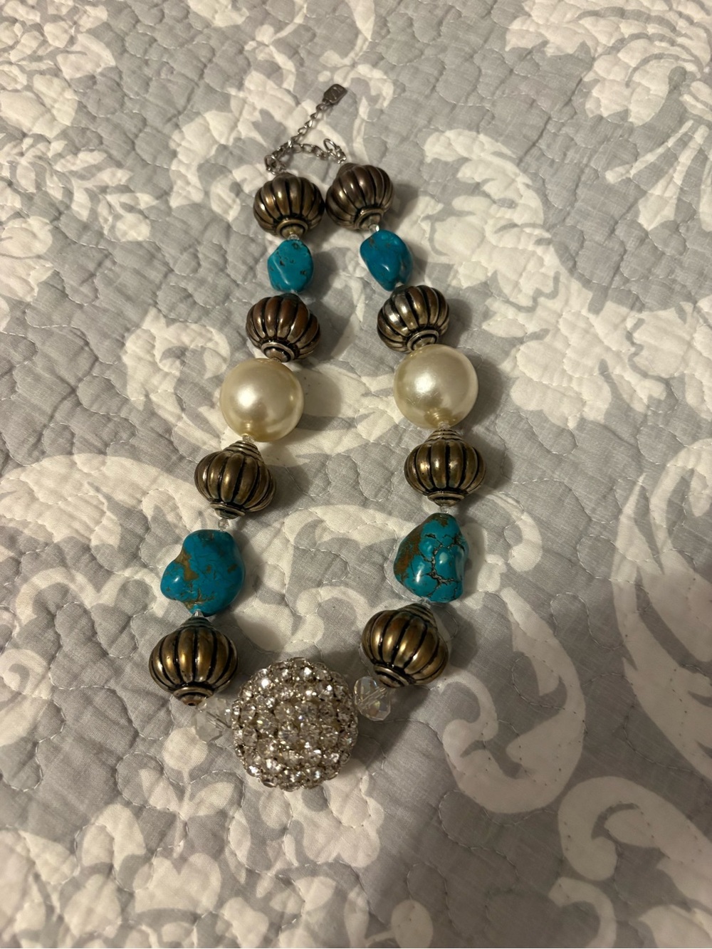Turquoise, Pearl & Rhinestone Statement Necklace - Women Jewelry